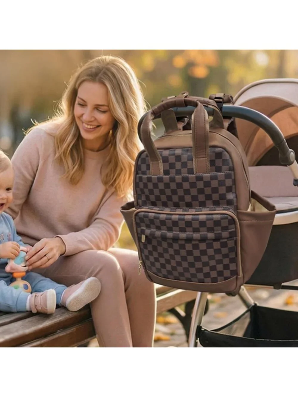Stylish Checkered Baby Diaper Backpack with Changing Pad - Travel & Daycare
